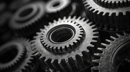 Aufkleber - Close-up view of complex interlocking industrial gears in black and white