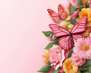 Poster - Pink Butterfly and Flowers on a Pink Background