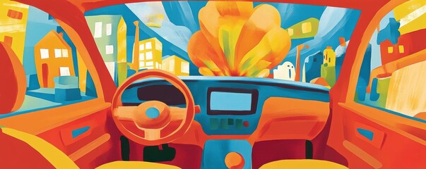 Colorful illustration of an urban street view from inside a car, featuring vibrant buildings and a dramatic sky resembling a children's book style artwork.