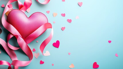 Wall Mural - Pink Heart With Ribbon On Light Blue Background