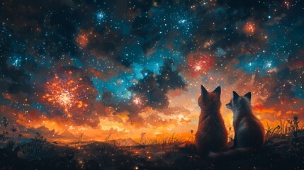 Naklejka na meble Two cats gazing at a starry sky during sunset, evoking a sense of wonder and tranquility.