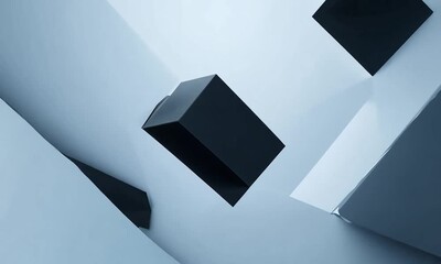 Poster - Abstract geometric shapes interplay in a serene blue and black composition, creating a captivating visual experience. Generative AI