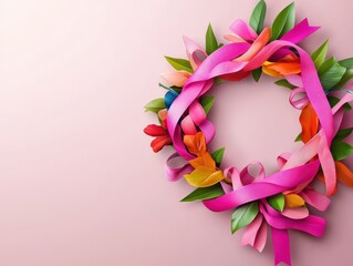 Wall Mural - Pink Ribbons and Green Leaves Wreath on Pink Background