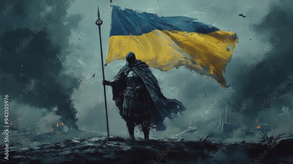 Ukrainian Knight: A lone knight, draped in the Ukrainian flag, stands ...