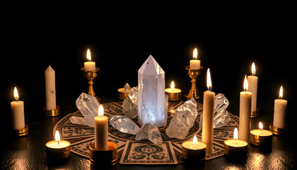 Wall Mural - Tarot and magic crystals in a circle around candles isolated with white highlights, png