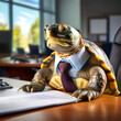 © OTABR - Bureaucratic Turtle Boss Working at an Office Desk. Slow and Steady CEO leadership style concept image.