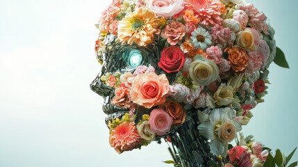 Blooming AI: A robotic skull adorned with a vibrant array of flowers, symbolizing the intersection of technology and nature.