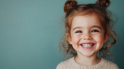 a young child with curly hair styled in two buns wears a knitted sweater, smiling brightly at the ca
