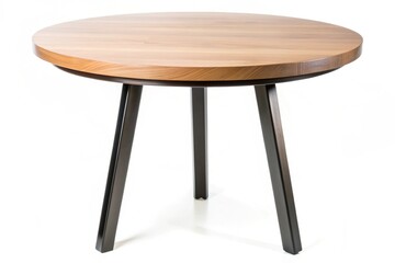 A wooden table with black legs and a round top