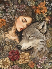 folklore illustration young woman with wolf