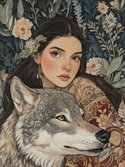 folklore illustration young woman with wolf 