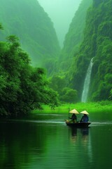 A boat is floating on a lake with two people in it. The water is green and the sky is cloudy