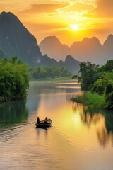 A man and woman are in a boat on a river, with the sun setting in the background. The scene is peaceful and serene, with the water reflecting the warm colors of the sunset