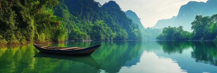 Canvas Print - A boat is floating on a lake surrounded by trees. The water is calm and the sky is clear