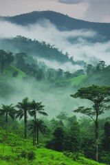 Poster - A lush green forest with trees and a misty sky