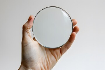 A Hand Holding a Circular Mirror Against a Minimalist Background