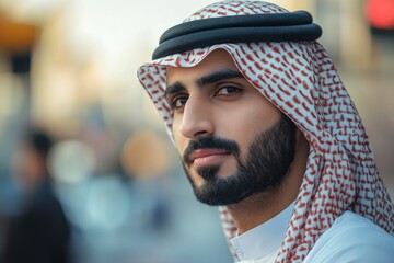 Local Middle Eastern Arab man looking on his side wearing Kandura traditional UAE menswear with generative ai