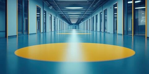 A modern and brightly lit office or corridor with an extensive number of identical glass doors on both sides and a blue floor featuring large yellow circular designs