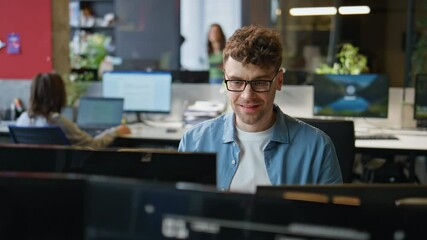 Poster - Smiling programmer typing keyboard working computer at office workplace closeup