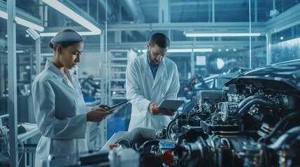 Poster - engineers in a hightech lab use digital tablets for machinery analysis, highlighting innovation and 