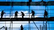 © AImg - Builders working on high scaffolds silhouette image. Construction site employees photography scene wallpaper. Laborers job with professional equipment concept photorealistic photo