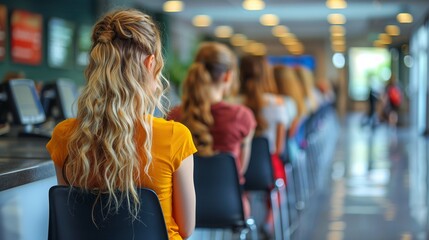 Wall Mural - Young women sitting on chairs row image copy space. Female candidates waiting for interview with hr manager banner background blurred. Employment concept photography copyspace