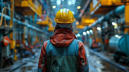 Wall Mural - Plant worker in helmet and uniform image. Skilled technician standing alone in factory workshop photography scene wallpaper. Industrial work benefits concept photorealistic photo