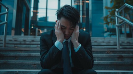 Wall Mural - Stressed discharged man manager sitting on steps image. Sad unemployed office worker photography scene wallpaper. Financial crisis of big corporations concept photorealistic photo