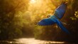 © Eric - A Spix's macaw flying over a river in the Amazon rainforest, its bright blue feathers glistening in the sunlight.