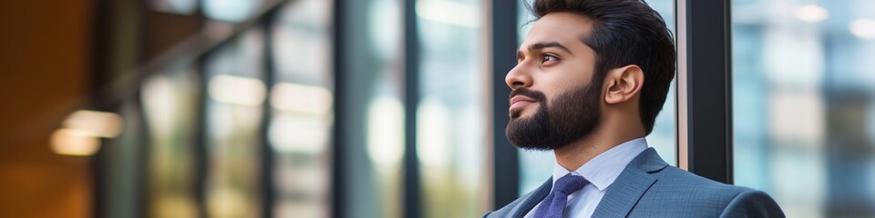 Sticker - A man in a suit and tie is standing in front of a window. He is looking out at the city and he is deep in thought