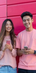 Sticker - Two young people are smiling and holding up their cell phones. They are both wearing pink shirts. Scene is happy and lighthearted