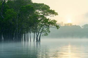 A forest with trees and a body of water. The water is foggy and the sun is setting