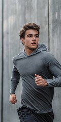 Wall Mural - A man is running with a hoodie on. The hoodie is grey and has a pattern on it