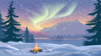 Canvas Print - Campfire Under the Aurora Borealis