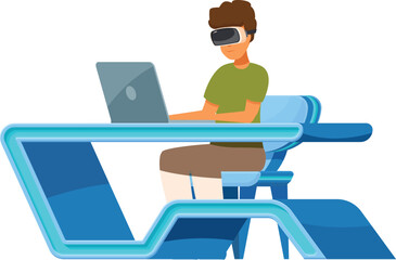 Poster - man is sitting at a futuristic desk, wearing a vr headset and working on a laptop