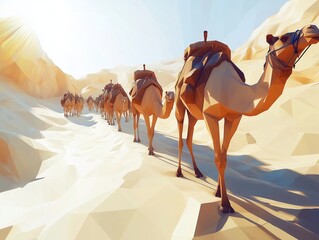 Vibrant Low-Poly Desert Landscape FeaturingCaravan of Camels Under the Sun