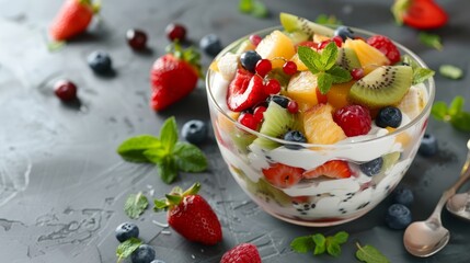 Wall Mural - Delicious fruit salad with yogurt on grey table 