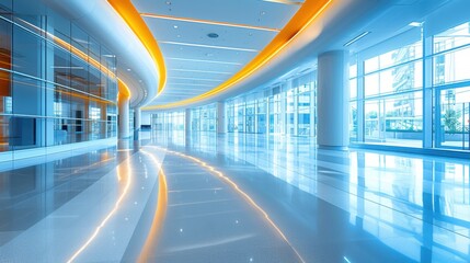 Wall Mural - A modern, sleek commercial office building lobby with abundant natural light, featuring large windows, glossy flooring, and contemporary design elements illuminated by warm lighting