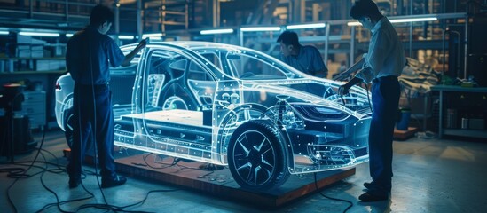 Aufkleber - engineers at a hightech automotive design lab are working on a futuristic electric car concept, disp