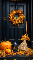 Poster - Autumn Doorstep Decor with Pumpkins, Leaf Wreath, and Broomstick