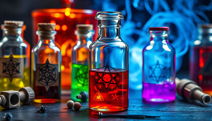 Witchcraft potion vials or glass bottles with magic ingredients in the cup with magic symbols. Spiritual occultism and magic chemistry background. Alchemy and esoteric items. Occult esoteric concept