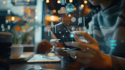 Poster - Person Using Smartphone with Digital Icons