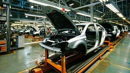 Poster - In a stateoftheart factory, cars are meticulously assembled on a sophisticated assembly line, showcasing efficient vehicle manufacturing through advanced technology and automation
