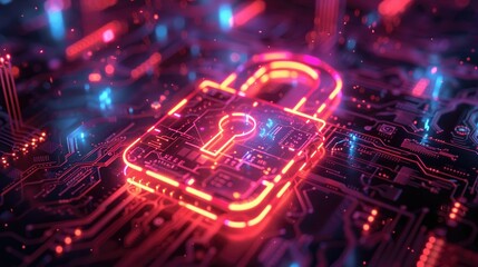Poster - Digital Security - Circuit Board and Neon Lock.