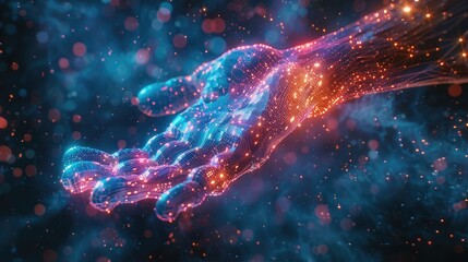 Poster - Digital Hand Reaching Out, shimmering neon particles, futuristic human-machine interface technology
