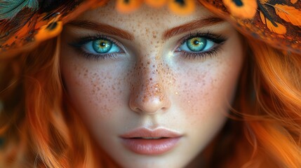 Wall Mural - A close-up portrait of a person with vibrant red hair and striking green eyes, adorned with a colorful headdress of orange feathers that exudes a natural and captivating beauty