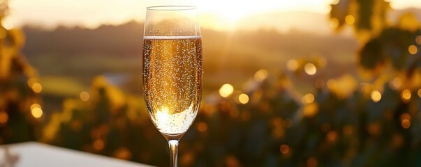 A flute of sparkling wine with fine bubbles set against a golden sunset in a vineyard landscape