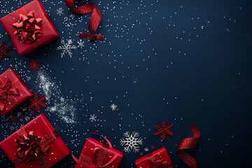 Wall Mural - the red gift boxes with ribbons, bows, and stars are beautifully arranged on a deep blue backdrop, c