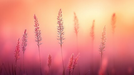 Wall Mural -   A close-up of a field of green grass with a pastel pink sky in the backdrop and a scattering of vibrant pink blooms in the foreground