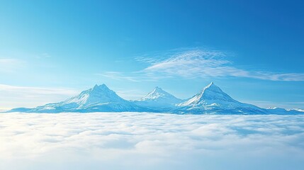 Sticker -   A breathtaking panorama of a mountain range shrouded in clouds, set against a backdrop of vibrant blue sky and scattered cloud formations in the foreground